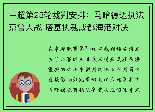 中超第23轮裁判安排：马哈德迈执法京鲁大战 塔基执裁成都海港对决